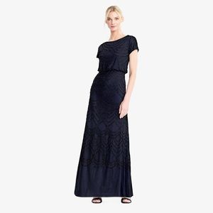 Adrianna Papell Beaded Blouson Gown in Navy With Black Beads